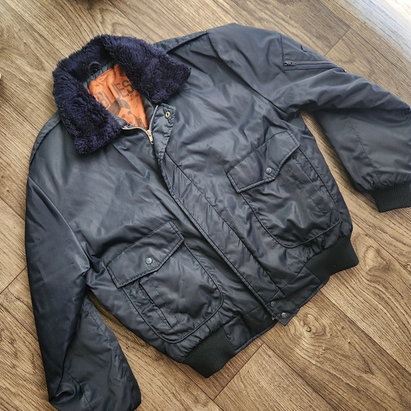 U.S. Blues by Cortina Navy Blue Nylon Bomber Jacket With Sherpa Collar - Picture 2 of 10